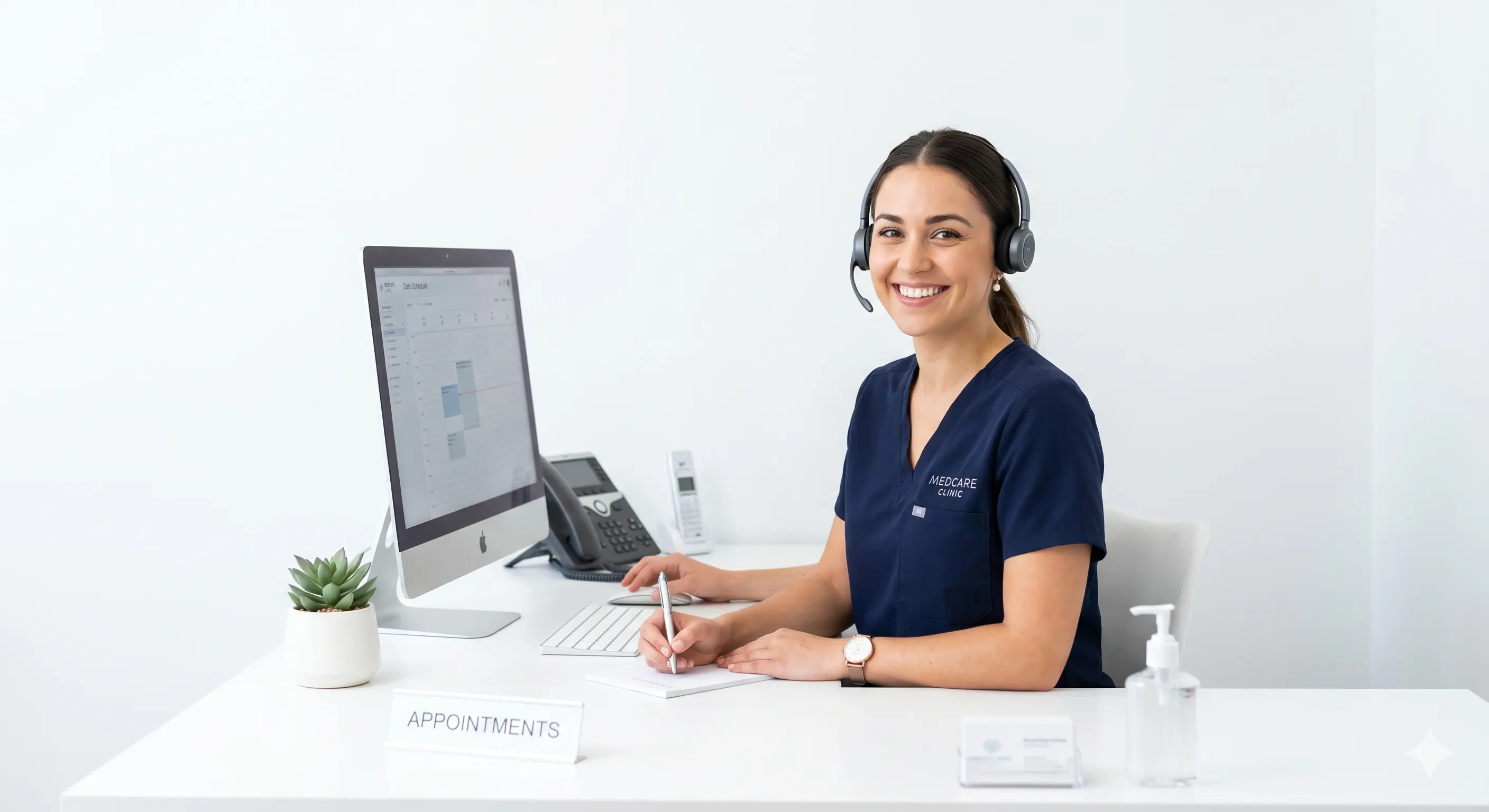 EveryClinic support agent at her desk wearing a headset